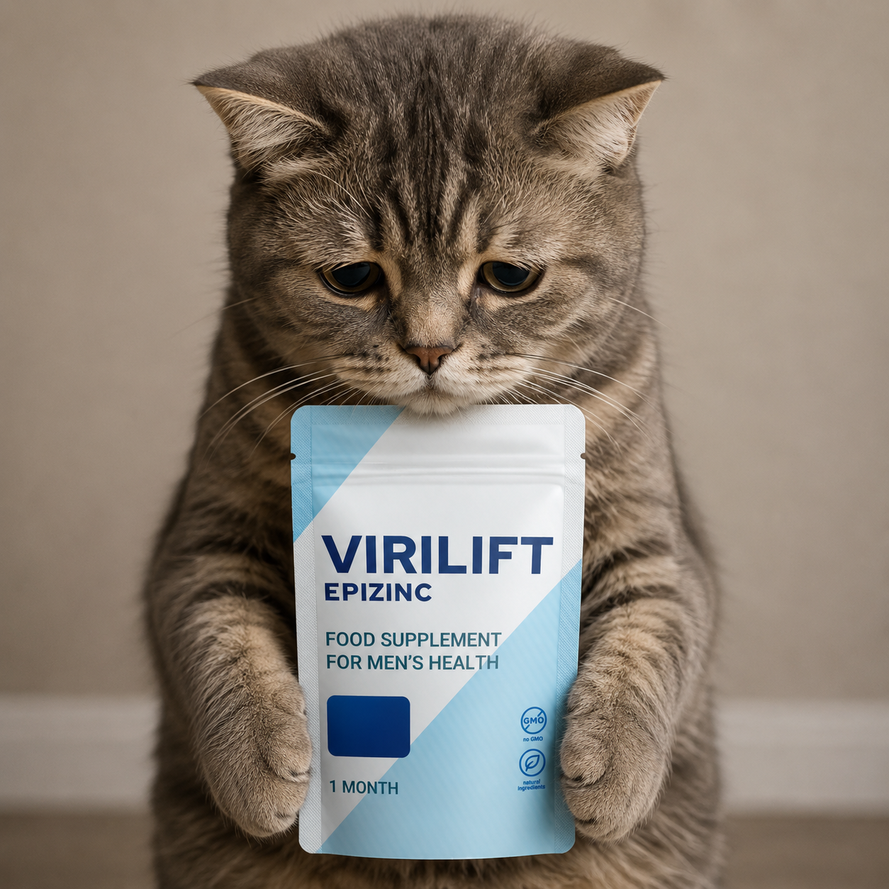 Traurige Katze haelt eine Virilift Packung